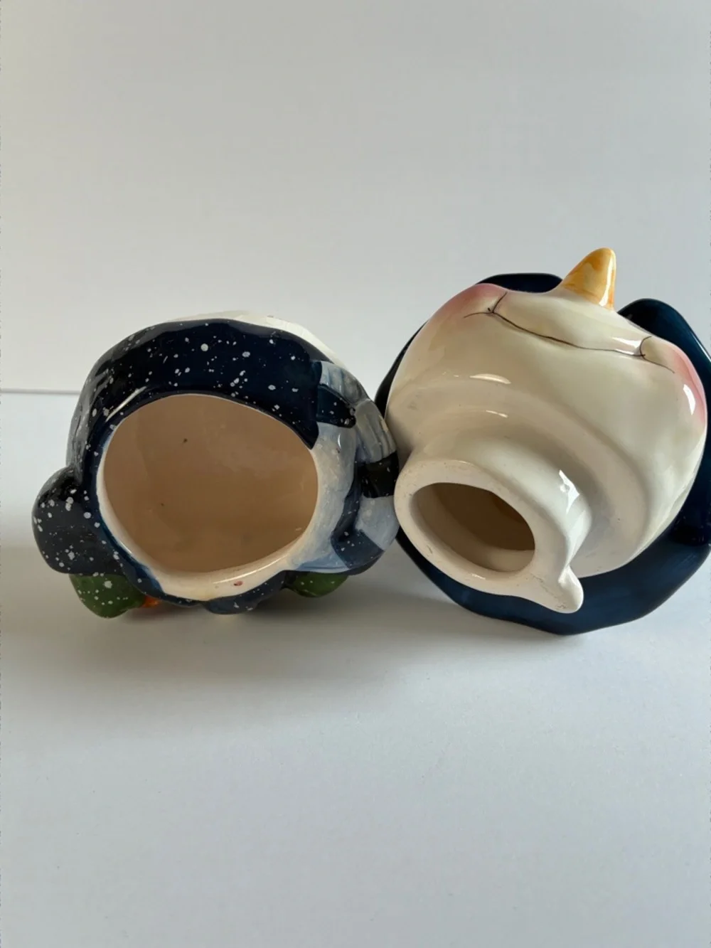 Ceramic Snowman Canister  Figurine with Navy Hat and Green Mittens